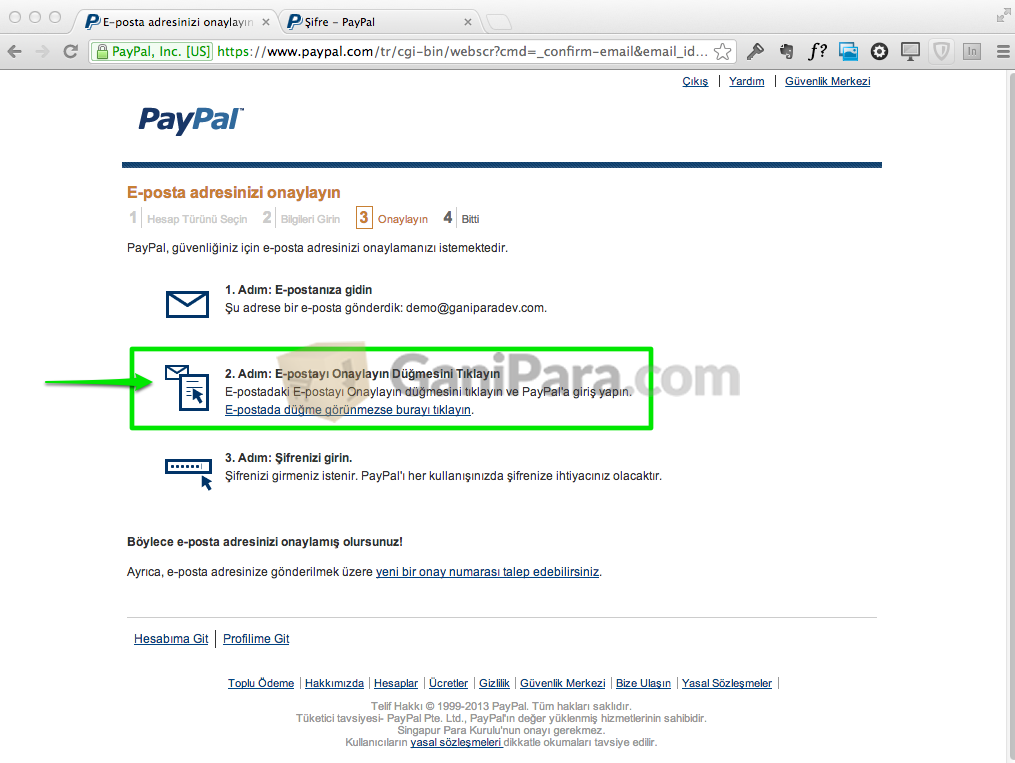 PayPal Eposta Doğrulama Adım - 1